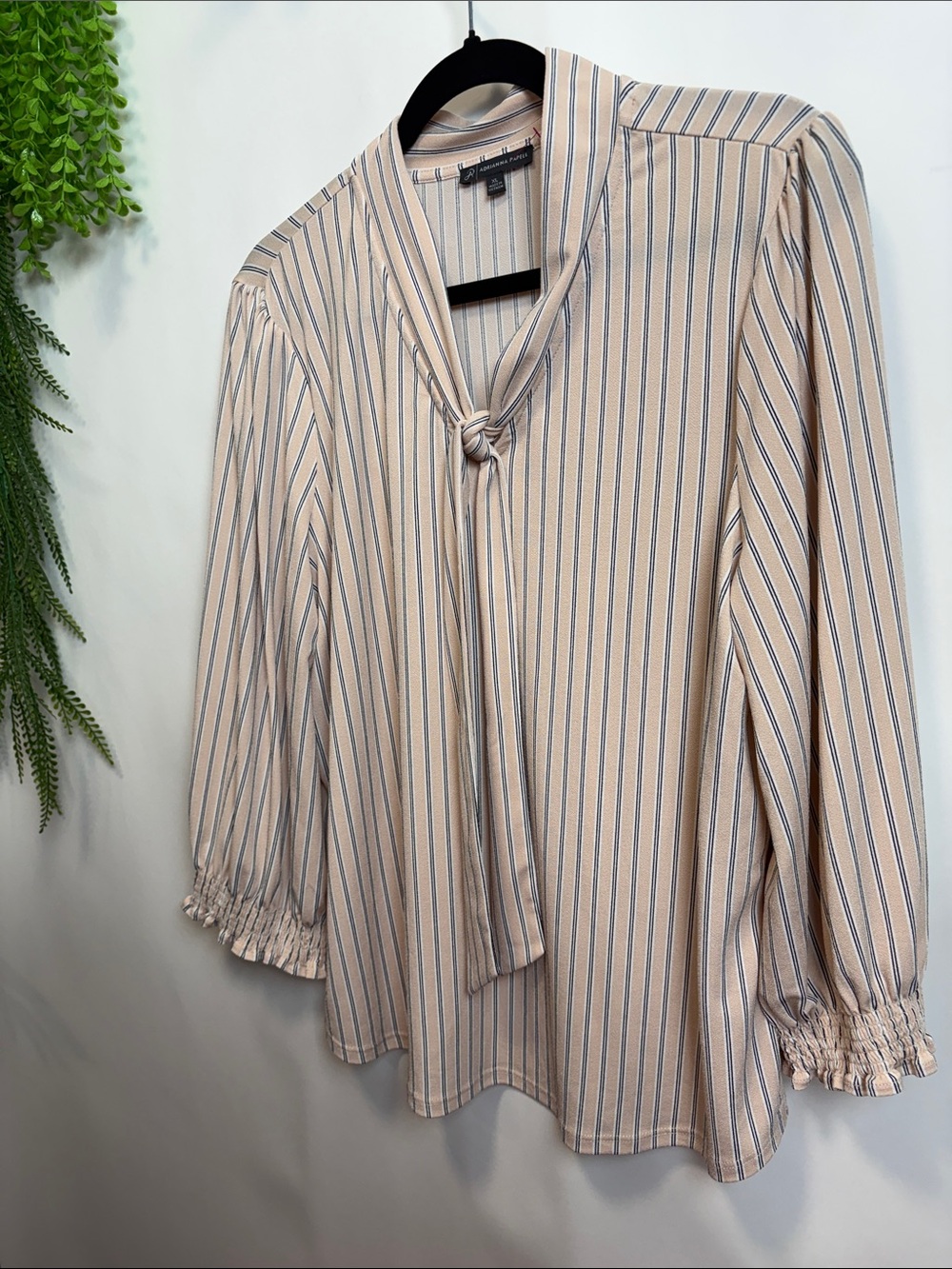 Adrianna Papell Cream Blouse with Blue Stripes and Neck Tie